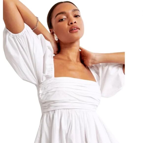 Abercrombie & Fitch Emerson Ruched Puff Sleeve Mini Dress White XSP - Picture 7 of 10